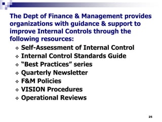 25
The Dept of Finance & Management provides
organizations with guidance & support to
improve Internal Controls through the
following resources:
 Self-Assessment of Internal Control
 Internal Control Standards Guide
 “Best Practices” series
 Quarterly Newsletter
 F&M Policies
 VISION Procedures
 Operational Reviews
 