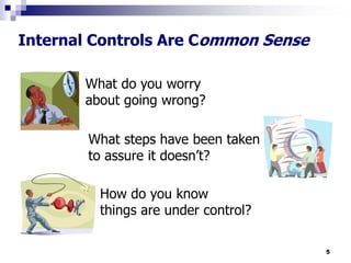 5
Internal Controls Are Common Sense
What do you worry
about going wrong?
What steps have been taken
to assure it doesn’t?
How do you know
things are under control?
 