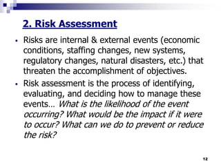 12
2. Risk Assessment
 Risks are internal & external events (economic
conditions, staffing changes, new systems,
regulatory changes, natural disasters, etc.) that
threaten the accomplishment of objectives.
 Risk assessment is the process of identifying,
evaluating, and deciding how to manage these
events… What is the likelihood of the event
occurring? What would be the impact if it were
to occur? What can we do to prevent or reduce
the risk?
 