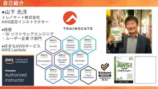 自己紹介
●山下 光洋
トレノケート株式会社
AWS認定インストラクター
●経歴
・SI ソフトウェアエンジニア
・ユーザー企業 IT部門
●好きなAWSサービス
AWS Lambda
 