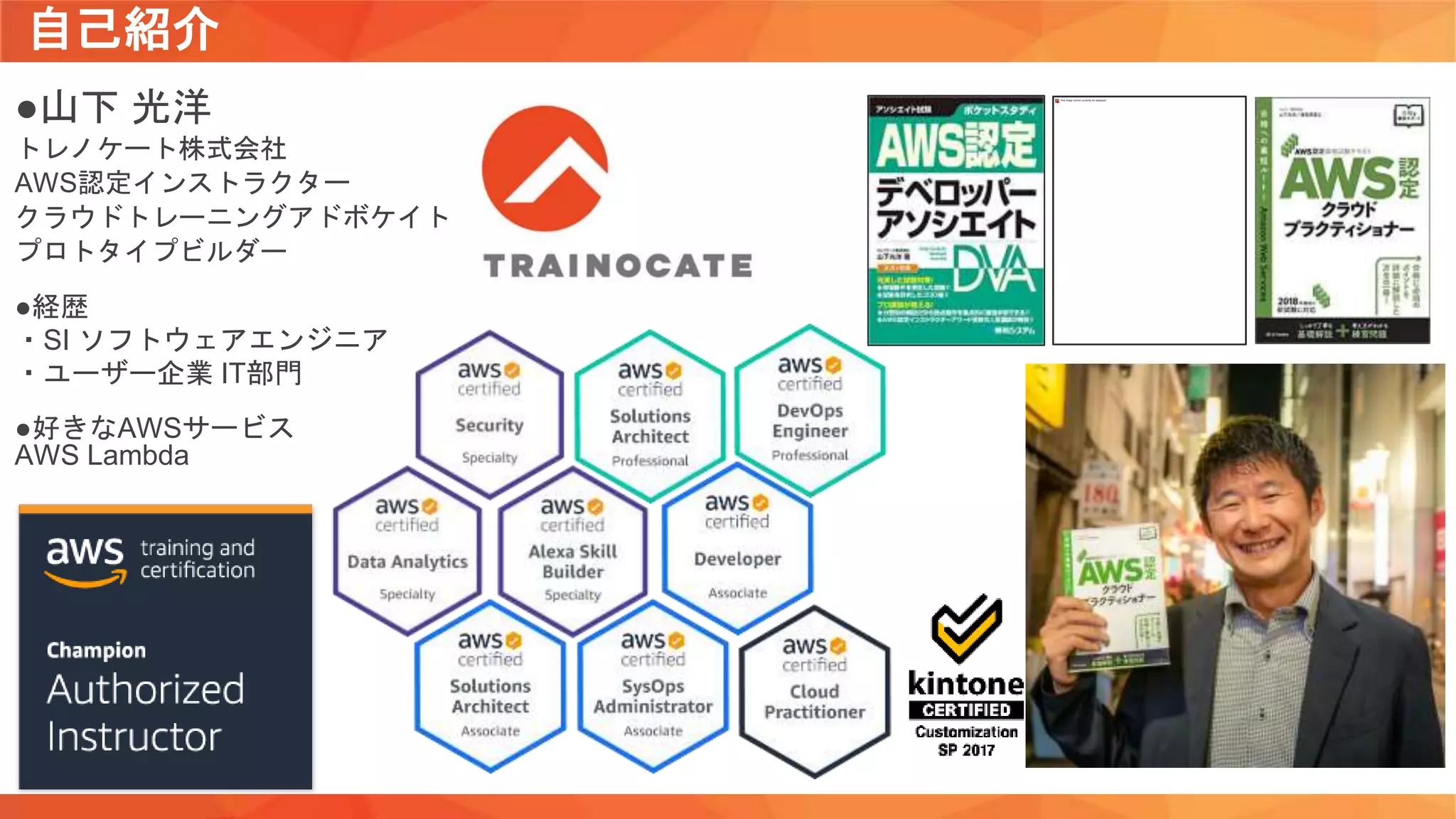 自己紹介
●山下 光洋
トレノケート株式会社
AWS認定インストラクター
クラウドトレーニングアドボケイト
プロトタイプビルダー
●経歴
・SI ソフトウェアエンジニア
・ユーザー企業 IT部門
●好きなAWSサービス
AWS Lambda
 
