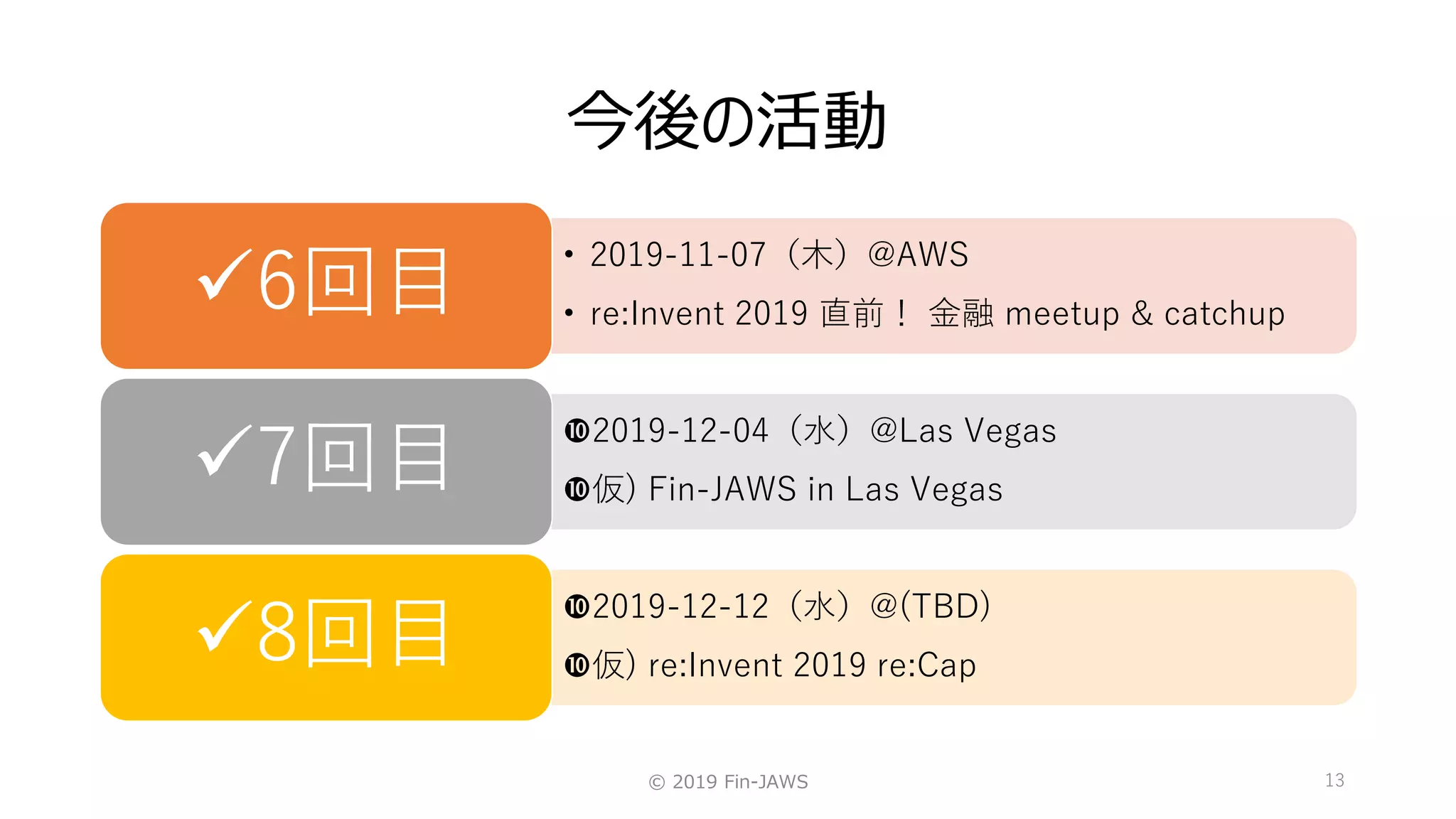 今後の活動
© 2019 Fin-JAWS 13
• 2019-11-07（木）@AWS
• re:Invent 2019 直前！ 金融 meetup & catchup6回目
2019-12-04（水）@Las Vegas
仮) Fin-JAWS in Las Vegas7回目
2019-12-12（水）@(TBD)
仮) re:Invent 2019 re:Cap8回目
 
