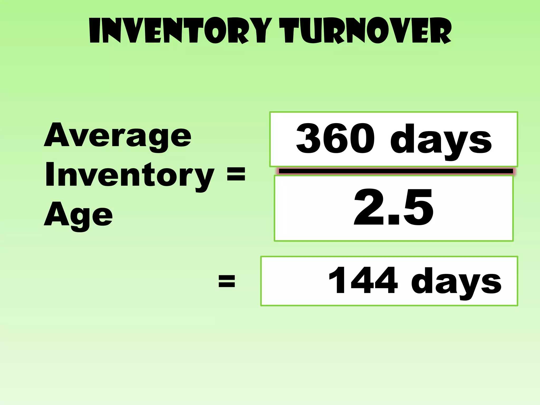 Inventory turnover

              No. of days in a
Average       360 days
                    year
Inventory =
Age               2.5
                 Inventory
                 Turnover

         =      144 days
 