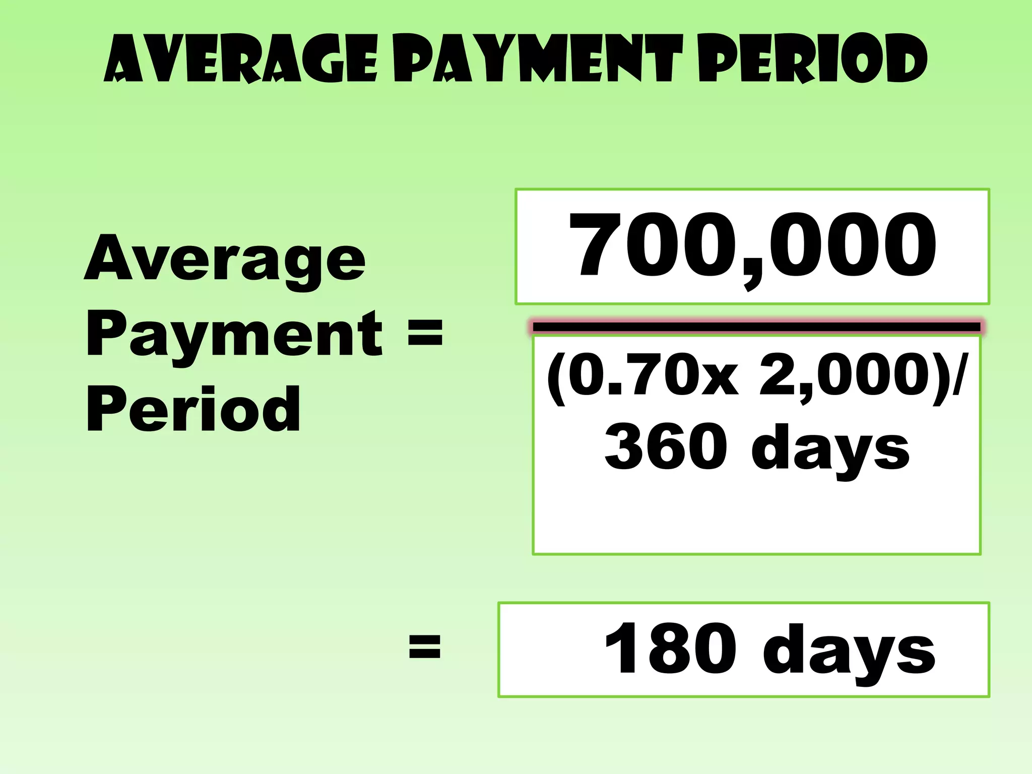 Average payment period

              Accounts
Average     700,000
               Payable
Payment =         Annual
            (0.70x 2,000)/
                 Average
Period          Purchases
             Purchases/day
              360 days
              divided by 360
                 days


        =     180 days
 
