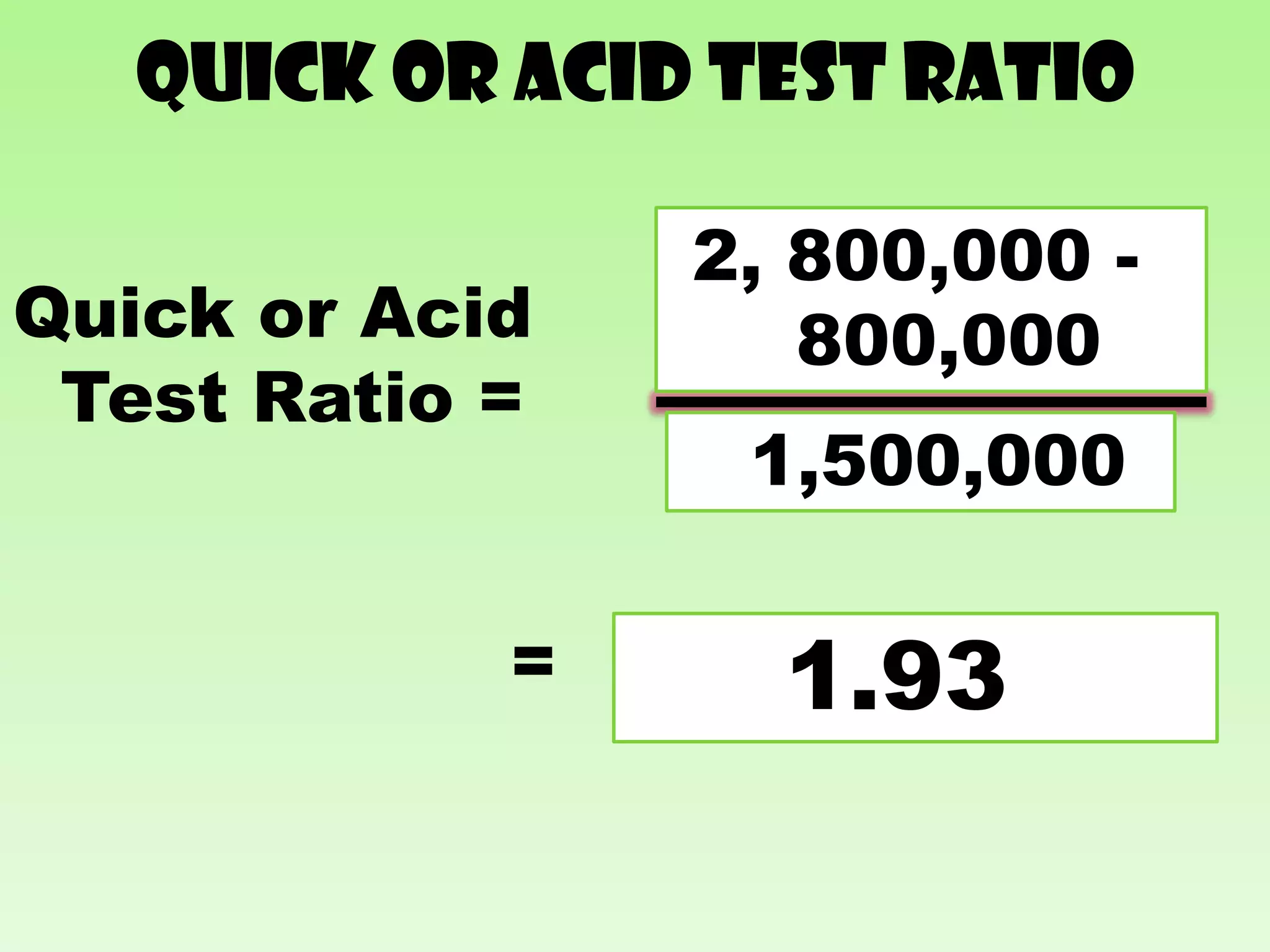 Quick or acid test Ratio

                2, 800,000 -
Quick or Acid    Current Asset -
                   800,000
                Inventories
 Test Ratio =
                  1,500,000
                Current Liabilities



            =       1.93
 