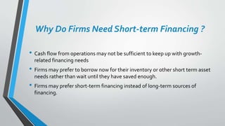 Why Do Firms Need Short-term Financing ?
• Cash flow from operations may not be sufficient to keep up with growth-
related financing needs
• Firms may prefer to borrow now for their inventory or other short term asset
needs rather than wait until they have saved enough.
• Firms may prefer short-term financing instead of long-term sources of
financing.
 