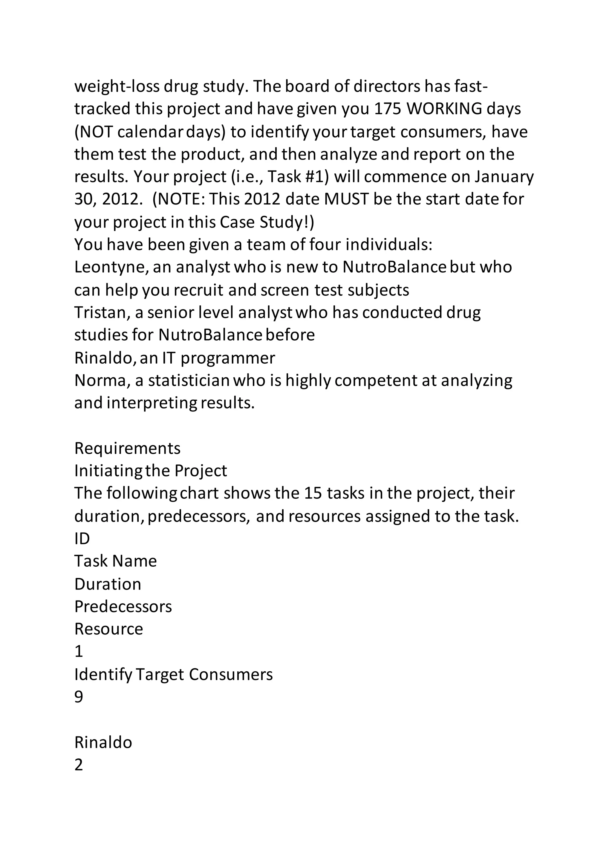 weight-loss drug study. The board of directors has fast-tracked 
this project and have given you 175 WORKING days 
(NOT calendar days) to identify your target consumers, have 
them test the product, and then analyze and report on the 
results. Your project (i.e., Task #1) will commence on January 
30, 2012. (NOTE: This 2012 date MUST be the start date for 
your project in this Case Study!) 
You have been given a team of four individuals: 
Leontyne, an analyst who is new to NutroBalance but who 
can help you recruit and screen test subjects 
Tristan, a senior level analyst who has conducted drug 
studies for NutroBalance before 
Rinaldo, an IT programmer 
Norma, a statistician who is highly competent at analyzing 
and interpreting results. 
Requirements 
Initiating the Project 
The following chart shows the 15 tasks in the project, their 
duration, predecessors, and resources assigned to the task. 
ID 
Task Name 
Duration 
Predecessors 
Resource 
1 
Identify Target Consumers 
9 
Rinaldo 
2 
 