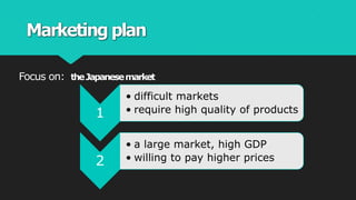 Marketing plan
Focus on: theJapanesemarket
1
• difficult markets
• require high quality of products
2
• a large market, high GDP
• willing to pay higher prices
 