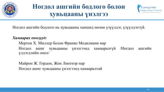 29
Ногдол ашгийн бодлого нь хувьцааны ханшид нөлөө үзүүлдэг, үзүүлдэггүй.
Хамаарах онолууд:
Мертон Х. Миллер болон Франко Модилиани нар
Ногдол ашиг хувьцааны үнэлгээнд хамааралгүй /Ногдол ашгийн
үлдэгдлийн онол/
Майрон Ж. Гордон, Жон Линтнэр нар
Ногдол ашиг хувьцааны үнэлгээнд хамааралтай
Ногдол ашгийн бодлого болон
хувьцааны үнэлгээ
 
