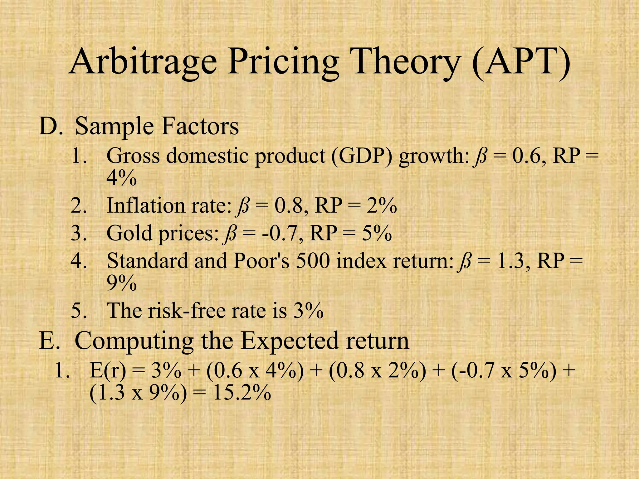 Arbitrage Pricing Theory (APT)
D. Sample Factors
1. Gross domestic product (GDP) growth: ß = 0.6, RP =
4%
2. Inflation rate: ß = 0.8, RP = 2%
3. Gold prices: ß = -0.7, RP = 5%
4. Standard and Poor's 500 index return: ß = 1.3, RP =
9%
5. The risk-free rate is 3%
E. Computing the Expected return
1. E(r) = 3% + (0.6 x 4%) + (0.8 x 2%) + (-0.7 x 5%) +
(1.3 x 9%) = 15.2%
 