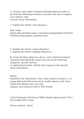 A. Analyze each client’s financial documentation in order to
perform the following evaluative activities. Be sure to support
your analysis with
relevant client information.
1. Explain the clients’ risk tolerances.
http://snhu-
media.snhu.edu/files/course_repository/undergraduate/fin/fin34
0/fin340_final_project_scenarios.docx
2. Explain the clients’ return objectives.
3. Explain the clients’ liquidity objectives.
B. Using the three objectives above, write a brief investment
statement classifying the clients into one of the following
categories: growth, income,
or capital preservation. Justify your response with specific
client information.
Rubric
Guidelines for Submission: Your client analysis should a 2- to
4-page Microsoft Word document, double spaced, with 12-pt.
Times New Roman font, one-inch
margins, and citations cited in APA format.
Critical Elements Proficient (100%) Needs Improvement (75%)
Not Evident (0%) Value
Client Analysis: Client
 