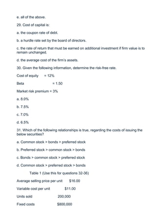 e. all of the above.

29. Cost of capital is:

a. the coupon rate of debt.

b. a hurdle rate set by the board of directors.

c. the rate of return that must be earned on additional investment if firm value is to
remain unchanged.

d. the average cost of the firm’s assets.

30. Given the following information, determine the risk-free rate.

Cost of equity     = 12%

Beta                      = 1.50

Market risk premium = 3%

a. 8.0%

b. 7.5%

c. 7.0%

d. 6.5%

31. Which of the following relationships is true, regarding the costs of issuing the
below securities?

a. Common stock > bonds > preferred stock

b. Preferred stock > common stock > bonds

c. Bonds > common stock > preferred stock

d. Common stock > preferred stock > bonds

          Table 1 (Use this for questions 32-36)

Average selling price per unit       $16.00

Variable cost per unit             $11.00

Units sold                   200,000

Fixed costs                 $800,000
 