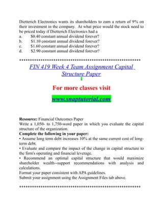 Dietterich Electronics wants its shareholders to earn a return of 9% on
their investment in the company. At what price would the stock need to
be priced today if Dietterich Electronics had a
a.  $0.40 constant annual dividend forever?
b.  $1.10 constant annual dividend forever?
c.  $1.60 constant annual dividend forever?
d.  $2.90 constant annual dividend forever?
*********************************************************
FIN 419 Week 4 Team Assignment Capital
Structure Paper
For more classes visit
www.snaptutorial.com
Resource: Financial Outcomes Paper
Write a 1,050- to 1,750-word paper in which you evaluate the capital
structure of the organization.
Complete the following in your paper:
• Assume long term debt increases 10% at the same current cost of long-
term debt.
• Evaluate and compare the impact of the change in capital structure to
the firm's operating and financial leverage.
• Recommend an optimal capital structure that would maximize
shareholder wealth--support recommendations with analysis and
calculations.
Format your paper consistent with APA guidelines.
Submit your assignment using the Assignment Files tab above.
*********************************************************
 