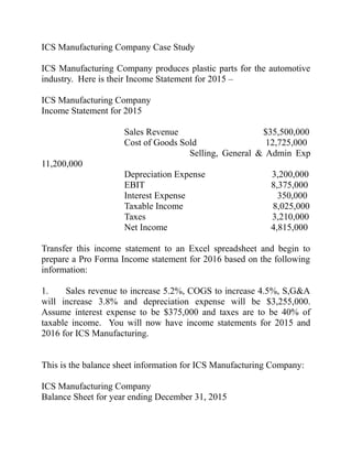 ICS Manufacturing Company Case Study
ICS Manufacturing Company produces plastic parts for the automotive
industry. Here is their Income Statement for 2015 –
ICS Manufacturing Company
Income Statement for 2015
Sales Revenue $35,500,000
Cost of Goods Sold 12,725,000
Selling, General & Admin Exp
11,200,000
Depreciation Expense 3,200,000
EBIT 8,375,000
Interest Expense 350,000
Taxable Income 8,025,000
Taxes 3,210,000
Net Income 4,815,000
Transfer this income statement to an Excel spreadsheet and begin to
prepare a Pro Forma Income statement for 2016 based on the following
information:
1. Sales revenue to increase 5.2%, COGS to increase 4.5%, S,G&A
will increase 3.8% and depreciation expense will be $3,255,000.
Assume interest expense to be $375,000 and taxes are to be 40% of
taxable income. You will now have income statements for 2015 and
2016 for ICS Manufacturing.
This is the balance sheet information for ICS Manufacturing Company:
ICS Manufacturing Company
Balance Sheet for year ending December 31, 2015
 