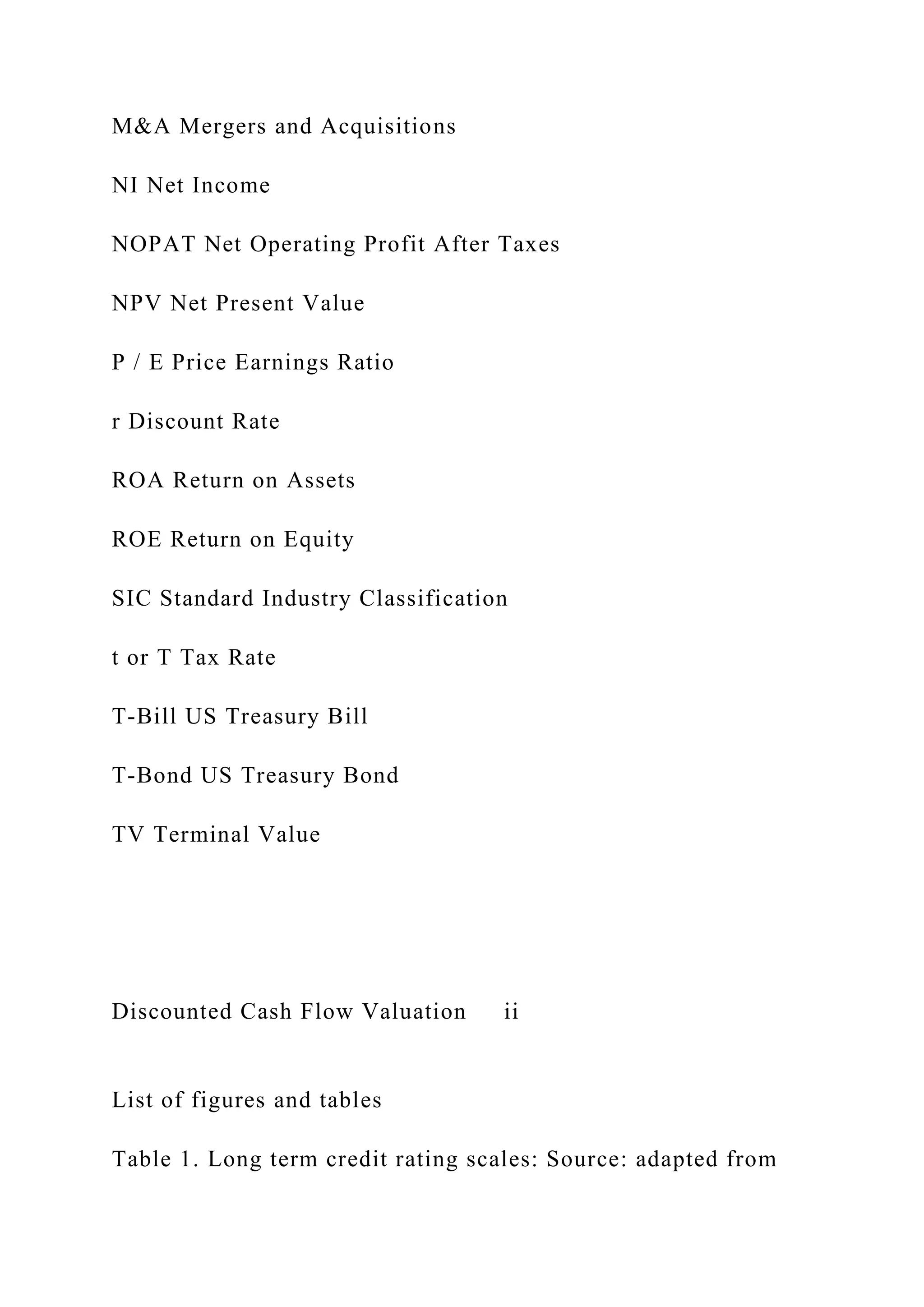 M&A Mergers and Acquisitions
NI Net Income
NOPAT Net Operating Profit After Taxes
NPV Net Present Value
P / E Price Earnings Ratio
r Discount Rate
ROA Return on Assets
ROE Return on Equity
SIC Standard Industry Classification
t or T Tax Rate
T-Bill US Treasury Bill
T-Bond US Treasury Bond
TV Terminal Value
Discounted Cash Flow Valuation ii
List of figures and tables
Table 1. Long term credit rating scales: Source: adapted from
 