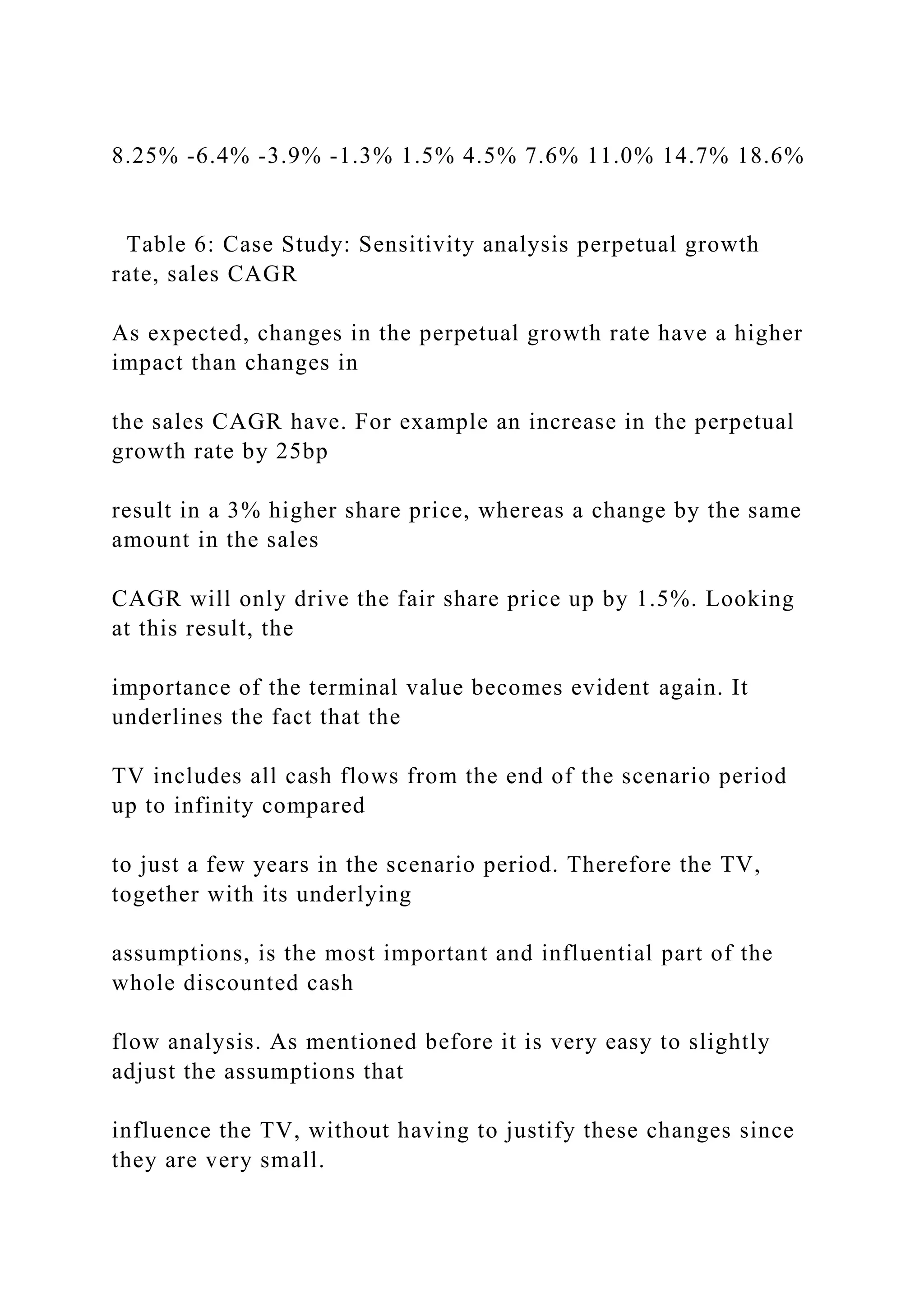 8.25% -6.4% -3.9% -1.3% 1.5% 4.5% 7.6% 11.0% 14.7% 18.6%
Table 6: Case Study: Sensitivity analysis perpetual growth
rate, sales CAGR
As expected, changes in the perpetual growth rate have a higher
impact than changes in
the sales CAGR have. For example an increase in the perpetual
growth rate by 25bp
result in a 3% higher share price, whereas a change by the same
amount in the sales
CAGR will only drive the fair share price up by 1.5%. Looking
at this result, the
importance of the terminal value becomes evident again. It
underlines the fact that the
TV includes all cash flows from the end of the scenario period
up to infinity compared
to just a few years in the scenario period. Therefore the TV,
together with its underlying
assumptions, is the most important and influential part of the
whole discounted cash
flow analysis. As mentioned before it is very easy to slightly
adjust the assumptions that
influence the TV, without having to justify these changes since
they are very small.
 