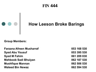 How Leeson Broke Barings Group Members:  Farzana Afreen Musharraf  053 168 530 Syed Abu Yousuf 053 395 530 Syed M Fahim 061 209 030 Mahboob Sadi Bhuiyan  062 187 530 Mushfique Mannan 062 506 530 Waleed Bin Newaz 062 594 530 FIN  444 