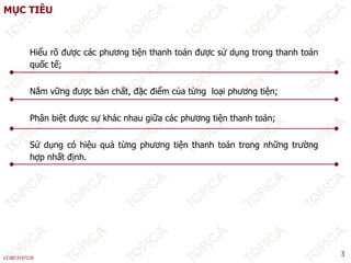 MỤC TIÊU
Hiểu rõ được các phương tiện thanh toán được sử dụng trong thanh toán
quốc tế;
Nắm vững được bản chất, đặc điểm của từng loại phương tiện;
Phân biệt được sự khác nhau giữa các phương tiện thanh toán;
Sử dụng có hiệu quả từng phương tiện thanh toán trong những trường
hợp nhất định.
v2.0013107218
3
 