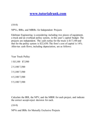 www.tutorialrank.com
(10-8)
NPVs, IRRs, and MIRRs for Independent Projects
Edelman Engineering is considering including two pieces of equipment,
a truck and an overhead pulley system, in this year’s capital budget. The
projects are independent. The cash outlay for the truck is $17,100 and
that for the pulley system is $22,430. The firm’s cost of capital is 14%.
After-tax cash flows, including depreciation, are as follows:
Year Truck Pulley
1 $5,100 $7,500
2 5,100 7,500
3 5,100 7,500
4 5,100 7,500
5 5,100 7,500
Calculate the IRR, the NPV, and the MIRR for each project, and indicate
the correct accept-reject decision for each.
(10-9)
NPVs and IRRs for Mutually Exclusive Projects
 