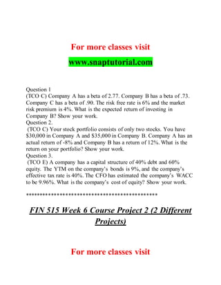 For more classes visit
www.snaptutorial.com
Question 1
(TCO C) Company A has a beta of 2.77. Company B has a beta of .73.
Company C has a beta of .90. The risk free rate is 6% and the market
risk premium is 4%. What is the expected return of investing in
Company B? Show your work.
Question 2.
(TCO C) Your stock portfolio consists of only two stocks. You have
$30,000 in Company A and $35,000 in Company B. Company A has an
actual return of -8% and Company B has a return of 12%. What is the
return on your portfolio? Show your work.
Question 3.
(TCO E) A company has a capital structure of 40% debt and 60%
equity. The YTM on the company’s bonds is 9%, and the company’s
effective tax rate is 40%. The CFO has estimated the company’s WACC
to be 9.96%. What is the company’s cost of equity? Show your work.
**********************************************
FIN 515 Week 6 Course Project 2 (2 Different
Projects)
For more classes visit
 