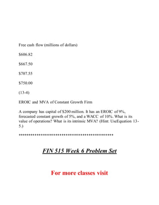 Free cash flow (millions of dollars)
$606.82
$667.50
$707.55
$750.00
(13-4)
EROIC and MVA of Constant Growth Firm
A company has capital of $200 million. It has an EROIC of 9%,
forecasted constant growth of 5%, and a WACC of 10%. What is its
value of operations? What is its intrinsic MVA? (Hint: UseEquation 13-
5.)
**********************************************
FIN 515 Week 6 Problem Set
For more classes visit
 