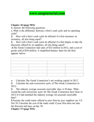 www.snaptutorial.com
Chapter 26 (page 903):
1. Answer the following questions:
a. What is the difference between a firm’s cash cycle and its operating
cycle?
2. How will a firm’s cash cycle be affected if a firm increases its
inventory, all else being equal?
2. How will a firm’s cash cycle be affected if a firm begins to take the
discounts offered by its suppliers, all else being equal?
4.The Greek Connection had sales of $32 million in 2012, and a cost of
goods sold of $20 million. A simplified balance sheet for the firm
appears below:
a- Calculate The Greek Connection’s net working capital in 2012.
2. Calculate the cash conversion cycle of The Greek Connection in
2012.
2. The industry average accounts receivable days is 30 days. What
would the cash conversion cycle for The Greek Connection have been in
2012 if it had matched the industry average for accounts receivable
days?
5.Assume the credit terms offered to your firm by your suppliers are 3/5,
Net 30. Calculate the cost of the trade credit if your firm does not take
the discount and pays on day 30.
Chapter 27 (page 925):
 