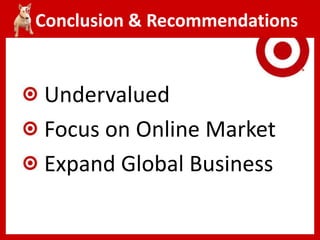 Undervalued
Focus on Online Market
Expand Global Business
Conclusion & Recommendations
 
