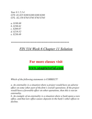 Year 0 1 2 3 4
CFS -$1,025 $380 $380 $380 $380
CFL -$2,150 $765 $765 $765 $765
a. $188.68
b. $198.61
c. $209.07
d. $219.52
e. $230.49
************************************************
FIN 534 Week 6 Chapter 11 Solution
For more classes visit
www.snaptutorial.com
Which of the following statements is CORRECT?
a. An externality is a situation where a project would have an adverse
effect on some other part of the firm’s overall operations. If the project
would have a favorable effect on other operations, then this is not an
externality.
b. An example of an externality is a situation where a bank opens a new
office, and that new office causes deposits in the bank’s other offices to
decline.
 