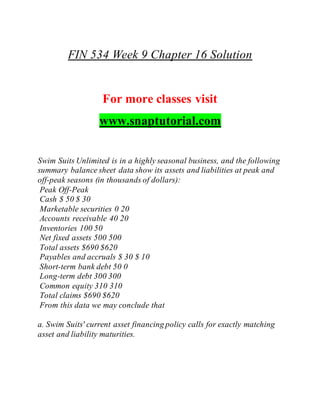FIN 534 Week 9 Chapter 16 Solution
For more classes visit
www.snaptutorial.com
Swim Suits Unlimited is in a highly seasonal business, and the following
summary balance sheet data show its assets and liabilities at peak and
off-peak seasons (in thousands of dollars):
Peak Off-Peak
Cash $ 50 $ 30
Marketable securities 0 20
Accounts receivable 40 20
Inventories 100 50
Net fixed assets 500 500
Total assets $690 $620
Payables and accruals $ 30 $ 10
Short-term bank debt 50 0
Long-term debt 300 300
Common equity 310 310
Total claims $690 $620
From this data we may conclude that
a. Swim Suits' current asset financing policy calls for exactly matching
asset and liability maturities.
 