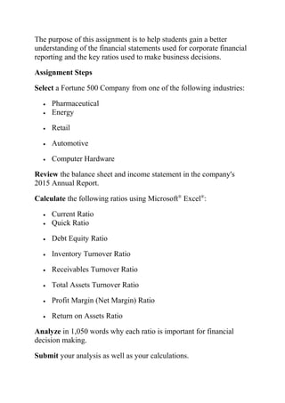 The purpose of this assignment is to help students gain a better
understanding of the financial statements used for corporate financial
reporting and the key ratios used to make business decisions.
Assignment Steps
Select a Fortune 500 Company from one of the following industries:
• Pharmaceutical
• Energy
• Retail
• Automotive
• Computer Hardware
Review the balance sheet and income statement in the company's
2015 Annual Report.
Calculate the following ratios using Microsoft®
Excel®
:
• Current Ratio
• Quick Ratio
• Debt Equity Ratio
• Inventory Turnover Ratio
• Receivables Turnover Ratio
• Total Assets Turnover Ratio
• Profit Margin (Net Margin) Ratio
• Return on Assets Ratio
Analyze in 1,050 words why each ratio is important for financial
decision making.
Submit your analysis as well as your calculations.
 