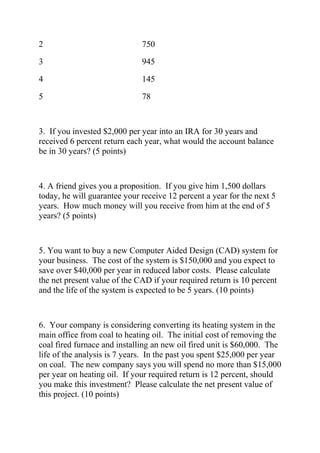 2 750
3 945
4 145
5 78
3. If you invested $2,000 per year into an IRA for 30 years and
received 6 percent return each year, what would the account balance
be in 30 years? (5 points)
4. A friend gives you a proposition. If you give him 1,500 dollars
today, he will guarantee your receive 12 percent a year for the next 5
years. How much money will you receive from him at the end of 5
years? (5 points)
5. You want to buy a new Computer Aided Design (CAD) system for
your business. The cost of the system is $150,000 and you expect to
save over $40,000 per year in reduced labor costs. Please calculate
the net present value of the CAD if your required return is 10 percent
and the life of the system is expected to be 5 years. (10 points)
6. Your company is considering converting its heating system in the
main office from coal to heating oil. The initial cost of removing the
coal fired furnace and installing an new oil fired unit is $60,000. The
life of the analysis is 7 years. In the past you spent $25,000 per year
on coal. The new company says you will spend no more than $15,000
per year on heating oil. If your required return is 12 percent, should
you make this investment? Please calculate the net present value of
this project. (10 points)
 