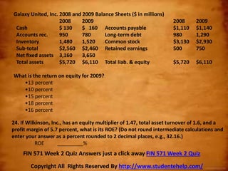 Galaxy United, Inc. 2008 and 2009 Balance Sheets ($ in millions)
2008 2009 2008 2009
Cash $ 130 $ 160 Accounts payable $1,110 $1,140
Accounts rec. 950 780 Long-term debt 980 1,290
Inventory 1,480 1,520 Common stock $3,130 $2,930
Sub-total $2,560 $2,460 Retained earnings 500 750
Net ﬁxed assets 3,160 3,650
Total assets $5,720 $6,110 Total liab. & equity $5,720 $6,110
What is the return on equity for 2009?
•13 percent
•10 percent
•15 percent
•18 percent
•16 percent
24. If Wilkinson, Inc., has an equity multiplier of 1.47, total asset turnover of 1.6, and a
profit margin of 5.7 percent, what is its ROE? (Do not round intermediate calculations and
enter your answer as a percent rounded to 2 decimal places, e.g., 32.16.)
ROE _________%
Copyright All Rights Reserved By http://www.studentehelp.com/
FIN 571 Week 2 Quiz Answers just a click away FIN 571 Week 2 Quiz
 