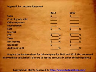 Ingersoll, Inc. Income Statement
2014 2015
Sales $____ $______
Cost of goods sold _____ _______
Other expenses _____ _______
Depreciation _____ _______
EBIT $_____% $______%
Interest ______ _______
EBT $_____% $______%
Taxes ______% _______%
Net income $_____% $______%
Dividends $_____ $______
Additions to RE ______% _______%
Prepare the balance sheet for this company for 2014 and 2015. (Do not round
intermediate calculations. Be sure to list the accounts in order of their liquidity.)
Copyright All Rights Reserved By http://www.studentehelp.com/
 