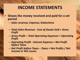 INCOME STATEMENTSShows the money received and paid for a set periodSales revenue, Expense, DeductionsTotal Sales Revenue - Cost of Goods Sold = Gross ProfitGross Profit – Total Operating Expenses = Operating ProfitOperating Profit - Interest Expense = Net Profit before TaxesNet Profit before Taxes – Taxes = Net Profits / Net Income or Net Losses