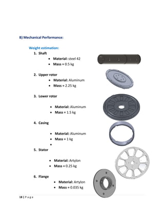 18 | P a g e
B) Mechanical Performance:
Weight estimation:
1. Shaft
• Material: steel 42
• Mass = 0.5 kg
2. Upper rotor
• Material: Aluminum
• Mass = 2.25 kg
3. Lower rotor
• Material: Aluminum
• Mass = 1.5 kg
4. Casing
• Material: Aluminum
• Mass = 1 kg
•
5. Stator
• Material: Artylon
• Mass = 0.25 kg
6. Flange
• Material: Artylon
• Mass = 0.035 kg
 