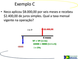 Exemplo C
• Neco aplicou $8.000,00 por seis meses e recebeu
  $2.400,00 de juros simples. Qual a taxa mensal
  vigente na operação?

                   i=?             10.400,00



              0                    6 meses
                         VF = VP (1+in)
                         10400 = 8000 (1+i x 6)
           -8000
                          i = 5%
 