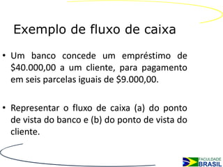 Exemplo de fluxo de caixa

• Um banco concede um empréstimo de
  $40.000,00 a um cliente, para pagamento
  em seis parcelas iguais de $9.000,00.

• Representar o fluxo de caixa (a) do ponto
  de vista do banco e (b) do ponto de vista do
  cliente.
 