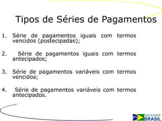 Tipos de Séries de Pagamentos
1.   Série de pagamentos iguais com termos
     vencidos (postecipadas);

2.     Série de pagamentos iguais com termos
     antecipados;

3.   Série de pagamentos variáveis com termos
     vencidos;

4.    Série de pagamentos variáveis com termos
     antecipados.
 