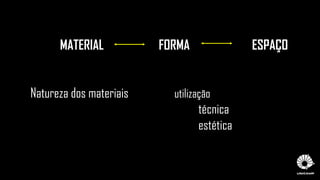 MATERIAL FORMA ESPAÇO
Natureza dos materiais utilização
técnica
estética
 