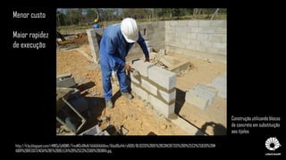 http://4.bp.blogspot.com/rNWSpTpNQWE/TmoMSnXNxlI/AAAAAAAAAnc/Xdydl6u144/s1600/BLOCOS%2BDE%2BCONCRETOS%2BD%25C3%2583O%2BM
AIOR%2BRESISTENCIA%2BE%2BBELEZA%2B%25C3%2580%2BOBRA.jpg
Construção utilizando blocos
de concreto em substituição
aos tijolos
Menor custo
Maior rapidez
de execução
 