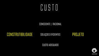 CUSTO
CONSCIENTE | RACIONAL
SOLUÇOES EFICIENTES
CUSTO ADEQUADO
CONSTRUTIBILIDADE PROJETO
 