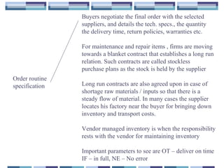 Order routine
specification
Buyers negotiate the final order with the selected
suppliers, and details the tech. specs., the quantity
the delivery time, return policies, warranties etc.
For maintenance and repair items , firms are moving
towards a blanket contract that establishes a long run
relation. Such contracts are called stockless
purchase plans as the stock is held by the supplier
Long run contracts are also agreed upon in case of
shortage raw materials / inputs so that there is a
steady flow of material. In many cases the supplier
locates his factory near the buyer for bringing down
inventory and transport costs.
Vendor managed inventory is when the responsibility
rests with the vendor for maintaining inventory
Important parameters to see are OT – deliver on time
IF – in full, NE – No error
 