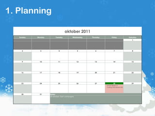 1. Planning

                                     oktober 2011
   Sunday   Monday         Tuesday           Wednesday   Thursday        Friday           Saturday
                                                                                             1




     2        3               4                   5         6               7                8




     9        10             11                   12       13              14               15




     16       17             18                   19       20              21               22




     23       24             25                   26       27              28               29
                                                                    email design &
                                                                    coding Standaard NB



     30       31     Notes:
                     28 oktober: Start campagne
 