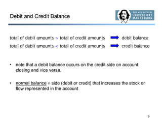 9
Debit and Credit Balance
• note that a debit balance occurs on the credit side on account
closing and vice versa.
• normal balance ≡ side (debit or credit) that increases the stock or
flow represented in the account
total of debit amounts > total of credit amounts debit balance
total of debit amounts < total of credit amounts credit balance
 