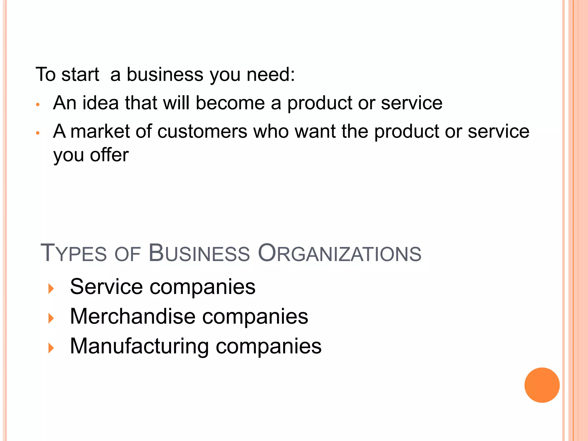To start a business you need:
• An idea that will become a product or service

• A market of customers who want the product or service
  you offer




TYPES OF BUSINESS ORGANIZATIONS
    Service companies
    Merchandise companies
    Manufacturing companies
 