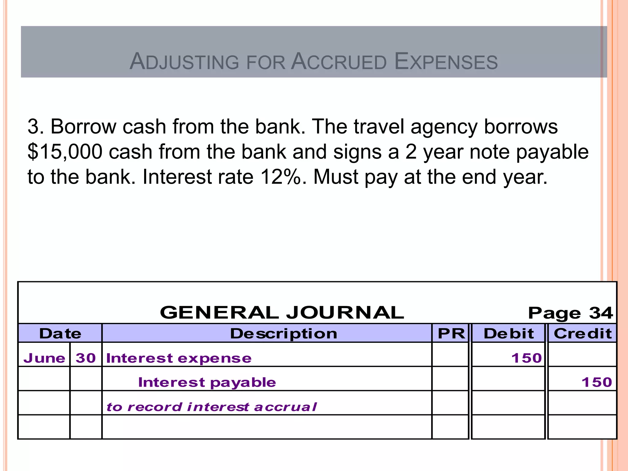 ADJUSTING FOR ACCRUED EXPENSES

3. Borrow cash from the bank. The travel agency borrows
$15,000 cash from the bank and signs a 2 year note payable
to the bank. Interest rate 12%. Must pay at the end year.




               GENERAL JOURNAL                     Page 34
 Date                    Description      PR   Debit   Credit
June 30 Interest expense                         150
            Interest payable                             150
        to record i nterest a ccrua l
 