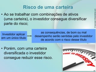 • Ao se trabalhar com combinações de ativos
(uma carteira), o investidor consegue diversificar
parte do risco;
Investidor aplicar
em um único título
as consequências, de bom ou mal
desempenho serão sentidas pelo investidor
de acordo com o risco desse título
Risco de uma carteira
• Porém, com uma carteira
diversificada o investidor
consegue reduzir esse risco.
©
Iqoncept
|
Dreamstime.com
24
 