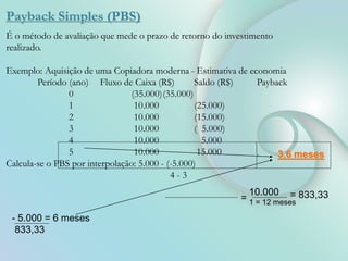 Payback Simples (PBS)
É o método de avaliação que mede o prazo de retorno do investimento
realizado.
Exemplo: Aquisição de uma Copiadora moderna - Estimativa de economia
Período (ano) Fluxo de Caixa (R$) Saldo (R$) Payback
0 (35.000)(35.000)
1 10.000 (25.000)
2 10.000 (15.000)
3 10.000 ( 5.000)
4 10.000 5.000
5 10.000 15.000
Calcula-se o PBS por interpolação: 5.000 - (-5.000)
4 - 3
=
10.000
1 = 12 meses
= 833,33
- 5.000 = 6 meses
833,33
3,6 meses
 