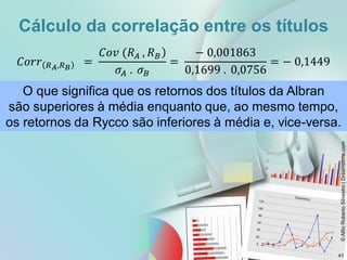 Cálculo da correlação entre os títulos
O que significa que os retornos dos títulos da Albran
são superiores à média enquanto que, ao mesmo tempo,
os retornos da Rycco são inferiores à média e, vice-versa.
©
Alfio
Roberto
Silvestro
|
Dreamstime.com
41
 