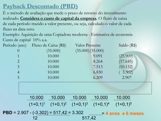 Payback Descontado (PBD)
É o método de avaliação que mede o prazo de retorno do investimento
realizado. Considera o custo de capital da empresa. O fluxo de caixa
de cada período trazido a valor presente, ou seja, calculado o valor de cada
fluxo na data zero.
Exemplo: Aquisição de uma Copiadora moderna - Estimativa de economia
Custo de capital 10% a.a.
Período (ano) Fluxo de Caixa (R$) Valor Presente Saldo (R$)
0 (35.000) (35.000)(35.000)
1 10.000 9.091 (25.909)
2 10.000 8.264 (17.645)
3 10.000 7.513 (10.132)
4 10.000 6.830 ( 3.302)
5 10.000 6.209 2.907
10.000
(1+0,1)1
10.000
(1+0,1)2
10.000
(1+0,1)3
10.000
(1+0,1)4
10.000
(1+0,1)5
PBD = 2.907 - (-3.302) = 517,42 = 3.302
12 517,42
= 4 anos e 6 meses
 